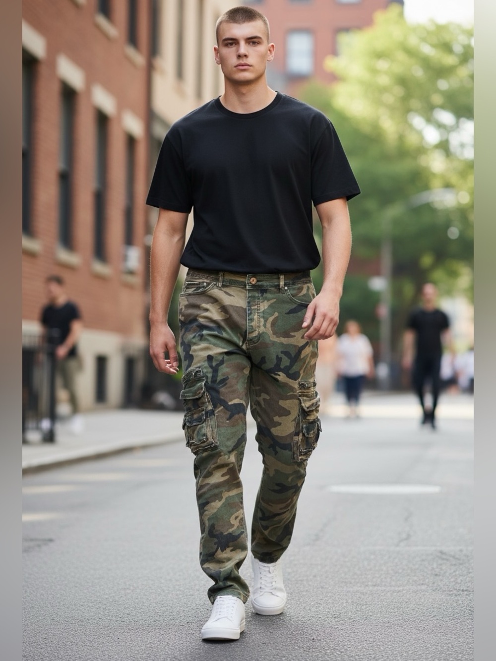 Men's Camouflage Cargo Pants Cotton Multi-pocket Pants Size 36 Casual Loose